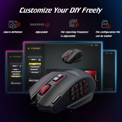 E-YOOSO Upgraded Wired Gaming Mouse X-39 PRO with Macro Edit Side Key DIY Lighting Design SG8960Processor Ergonomic Gaming Mouse