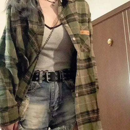 Vintage Dark Green Plaid Shirt Women Long Sleeve Oversized American Casual Fall Layering Top Blouse Coat Jacket