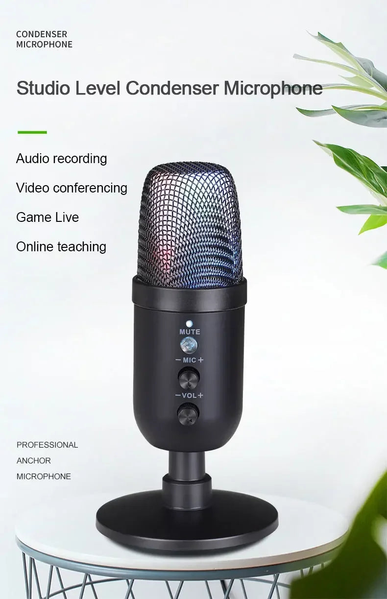 USB Gaming Microphone for PC Condenser Podcast Mic for Studio Recording Headphone Jack RGB Noise Cancellation with Mute Button