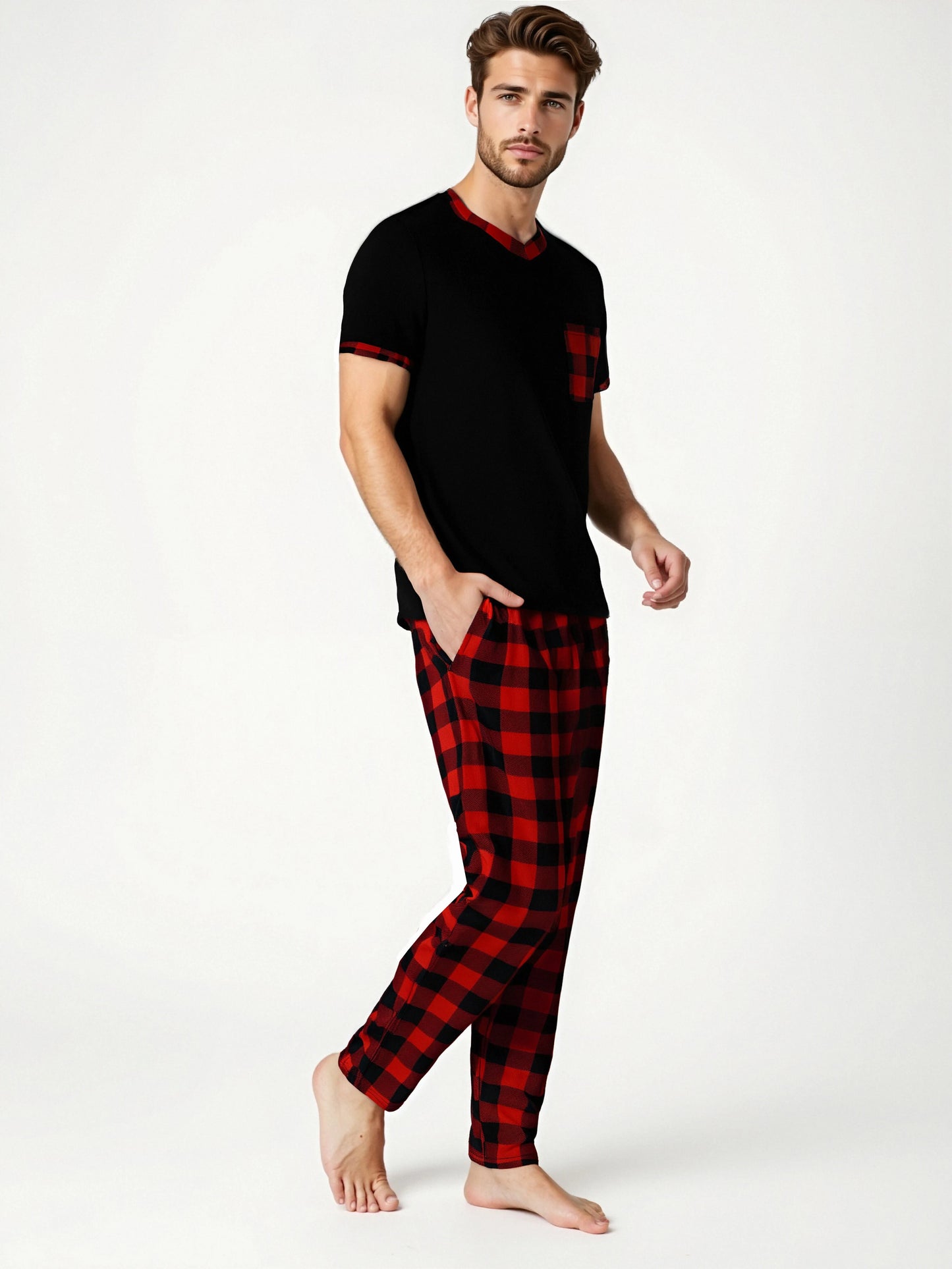 Herr Pyjamas Set Rutig – Kortärmad V-ringning & Byxor med Fickor Drawstring, 5 Färger M–1XL