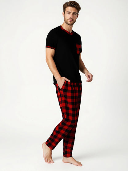 Herr Pyjamas Set Rutig – Kortärmad V-ringning & Byxor med Fickor Drawstring, 5 Färger M–1XL