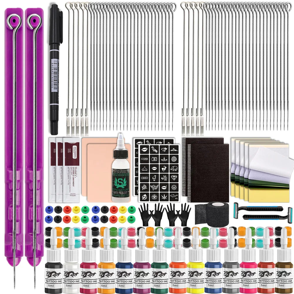 3D Hand Poke and Stick Tattoo Kit Tattoo Needle Tattoo Ink Cup Pigment Glover Bandage Kit for DIY Body Arts Beginners Practice