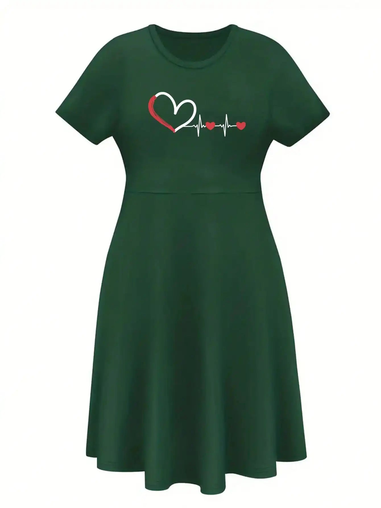 2026 Women's Four Seasons Love at First Sight Heartbeat Printed Casual Loose Black Short Sleeved Large Short Skirt Dress