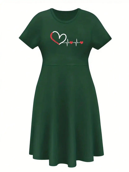 2026 Women's Four Seasons Love at First Sight Heartbeat Printed Casual Loose Black Short Sleeved Large Short Skirt Dress