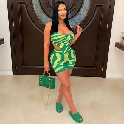 CM.YAYA Zebra Women's Set Spaghetti Strap Crop Top and Shorts Suit 2023 Summer Fashion Chic Two 2 Piece Set Outfits Tracksuit