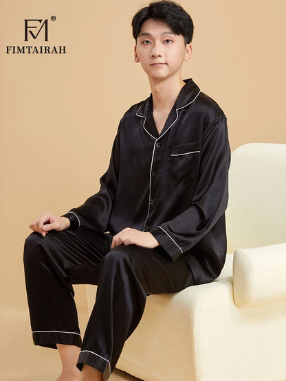 Fimtairah Real 19MM 100% Mulberry Silk Pajamas Men's Autumn  Hangzhou Solid Color heavy Silk Home Wear Men's