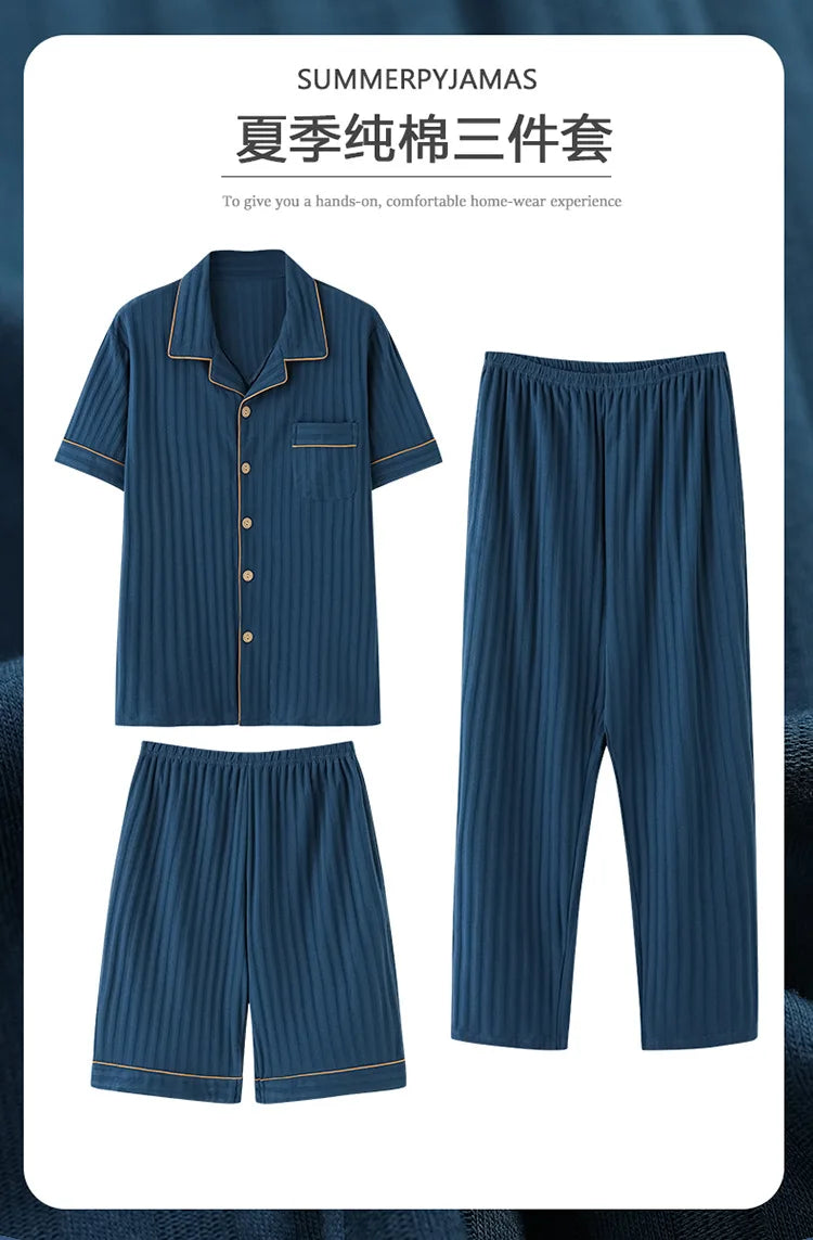 2023 New Cotton Sleepwear Men's 3 Pieces Set Homewear Plus Size 4XL Cardigan Nightwear Short Sleep Tops & Shorts & Long Pants