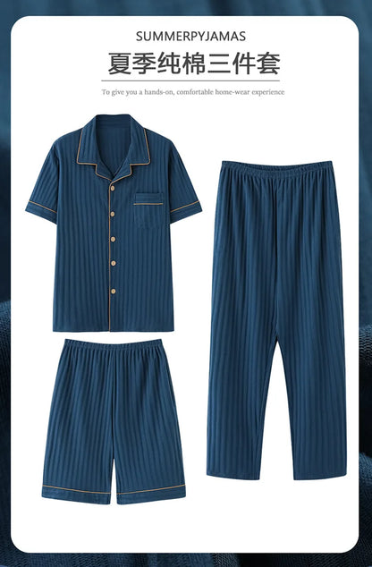 2023 New Cotton Sleepwear Men's 3 Pieces Set Homewear Plus Size 4XL Cardigan Nightwear Short Sleep Tops & Shorts & Long Pants