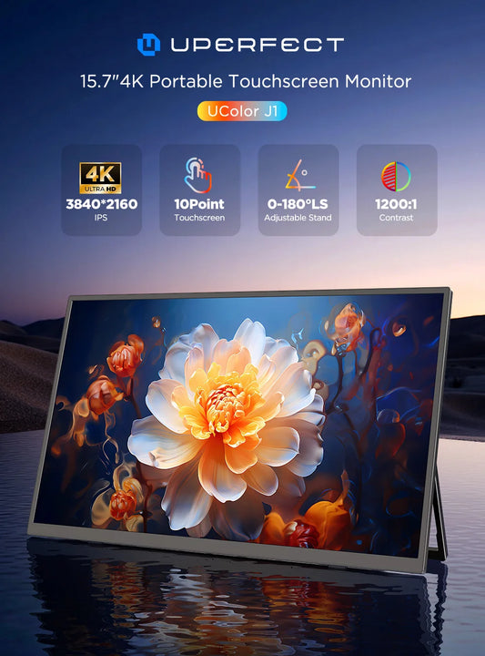 UPERFECT 15,6" 4K UHD Portabel Touchmonitor – 3840x2160 10-punktstouch IPS 100% sRGB HDR AMD FreeSync USB-C HDMI VESA EU-lager