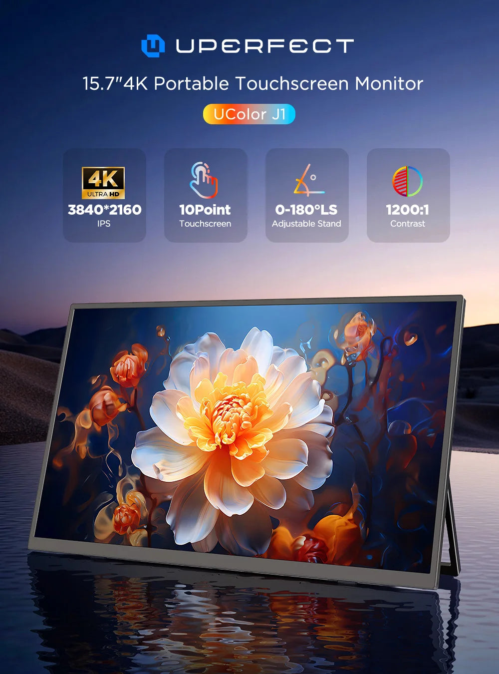 UPERFECT 15,6" 4K UHD Portabel Touchmonitor – 3840x2160 10-punktstouch IPS 100% sRGB HDR AMD FreeSync USB-C HDMI VESA EU-lager