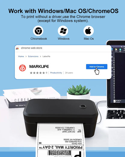 Marklife X4 Termisk Etikettskrivare – 4x6" Fraktetiketter Bluetooth Automatisk Igenkänning 110mm Vit Svart EU US UK 2026