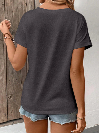 Women's Oversized V-Neck T-Shirt Solid Color Short-Sleeve Curved Hem Soft Fabric Black Gray Navy