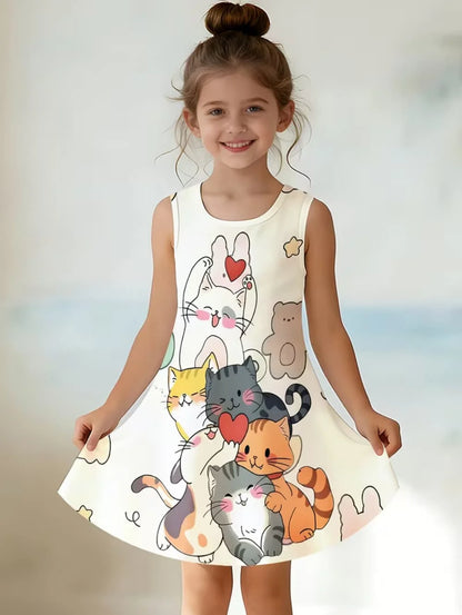 Girl Clothes Cartoon Cat Graphic Printed Girls' Princess Dress Summer Casual Dress for Girls Outfit O-Neck Birthday Gift Clothes