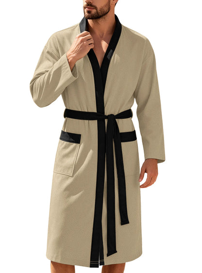 Men's Twill Fabric Long Bathrobe with Belt Design, Double Pockets, Casual Home Pajamas, Loose Fit, Hotel Resort Style, Nightwear
