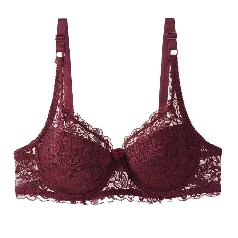 Sexy Push Up Lace Bras Women Thin Cotton Lined Underwire 38-44 C/D Cup Breathable Bralette Hollow Out Floral Underwear Plus Size