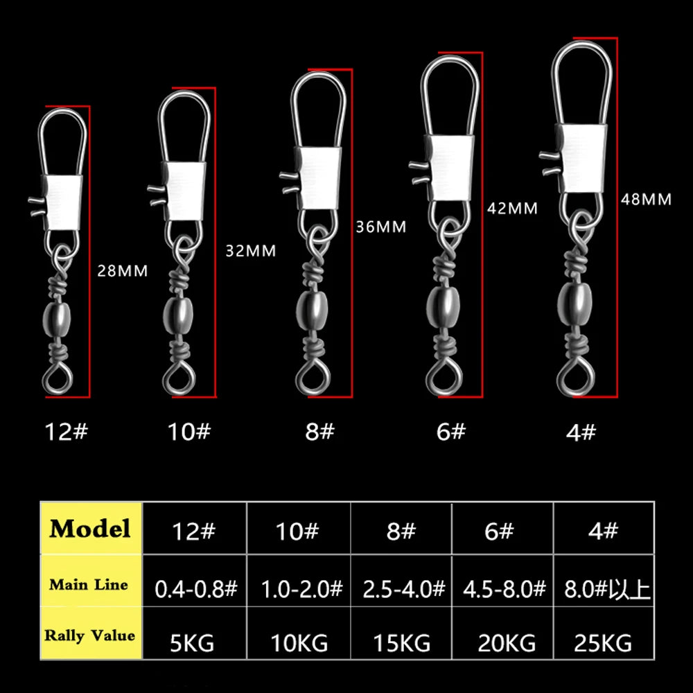 50/100pcs 4-12# Fishing Connector Pin Bearing Rolling Swivel Stainless Steel With Snap Fishhook Lure Tackle Accessorie