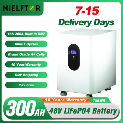 NIELFTOR 51,2V LiFePO4 Batteripack 5–45kWh – 16S 200A BMS LCD CAN/RS485 Hjul Solceller Off-Grid, EU-lager Polen