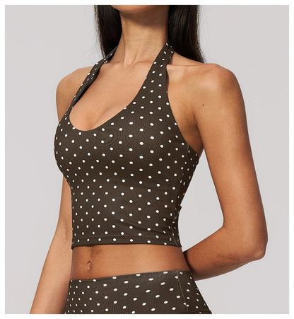 Yoga Bra Women Sports Underwear Fitness Crop Top Polka Dot Yoga Vest Deep V Backless Sports Vest Female Workout Shockproof Tops