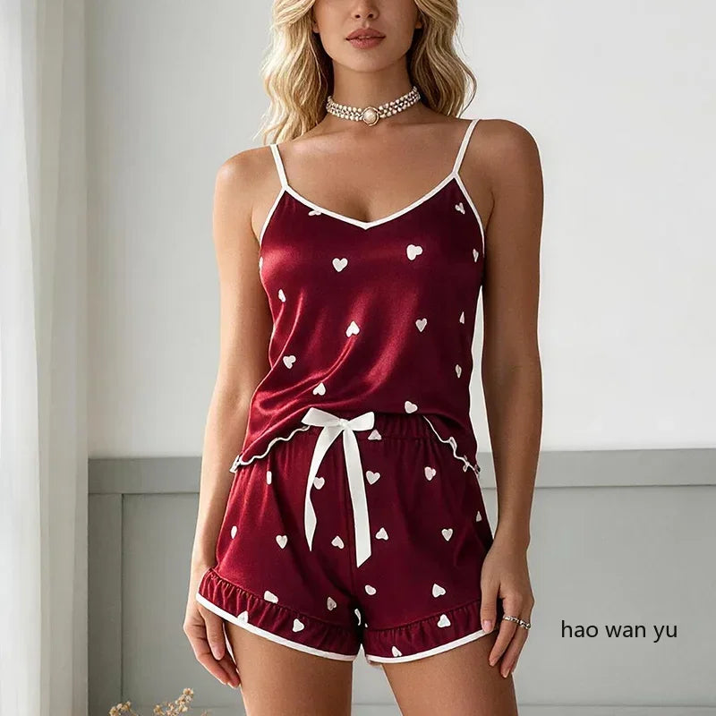 Dam Pyjamas Set Sommar – Linne & Shorts Stora Storlekar, Söt Print, 4 Färger
