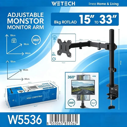 WETECH W5536 Single Monitor Desk Mount Bracket Dual Adjustable Arm Max Load 8kg Fit 15-33 Inch Monitor 360° Rotation +45° Tilt Support VESA 75x75 100x100 Clamp-on Monitor Stand