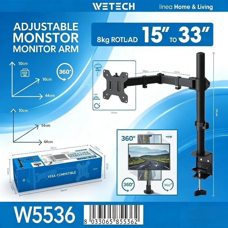 WETECH W5536 Single Monitor Desk Mount Bracket Dual Adjustable Arm Max Load 8kg Fit 15-33 Inch Monitor 360° Rotation +45° Tilt Support VESA 75x75 100x100 Clamp-on Monitor Stand