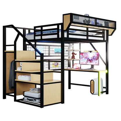 90×200cm & 140*200cm Metal High Bed, with Desk, Shelf and Storage Net, Complete with Safety Ladder, LED Lighting and Socket