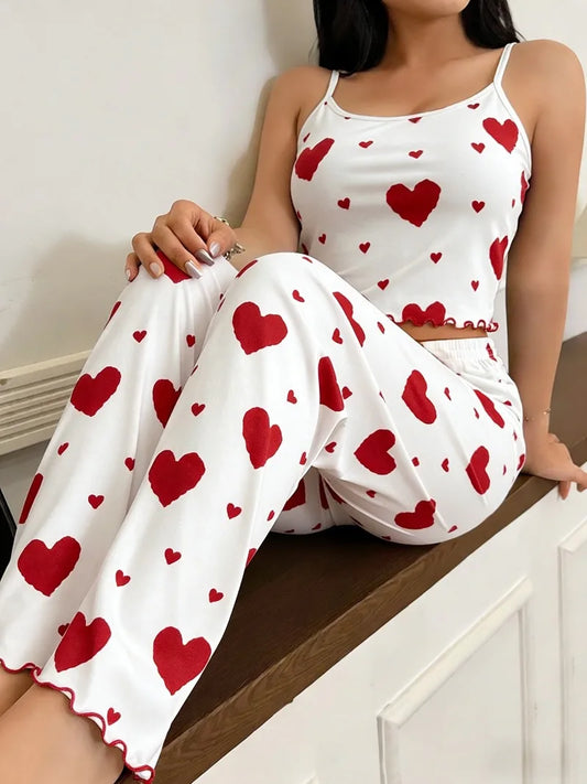 Dam Pyjamas Set Sommar – Volang-Camisole & Långa Byxor Hjärtmönster, Röd & Svart