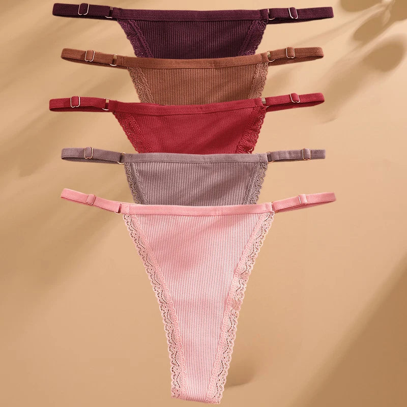 FINETOO 5PCS/Set Sexy G-string Panties Cotton Women's Underwear Adjustable Waist Girl Female Pantys Bikini Lady Thongs Lingerie