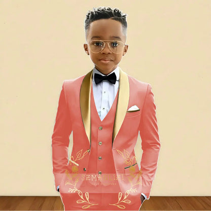 Oil Green Boys Suit 3 Pieces Wedding Tuxedo for Kids Jacket Pants Vest Gold Shawl Lapel Child 2-16 Years Old Customized Outfit