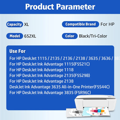 652 XL Bläckpatron Kompatibel Ersättning för HP 652XL HP652 för Deskjet 1115 1118 2135 2136 3635 3636 3835 4535 Skrivare