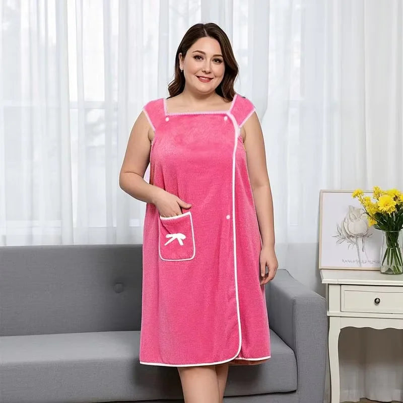 1Pc Women's Plus Size Wearable Bath Towel - Cute Bow Shower Skirt, Adjustable Bath Robe with Pocket. Soft Fabric for Home Use.