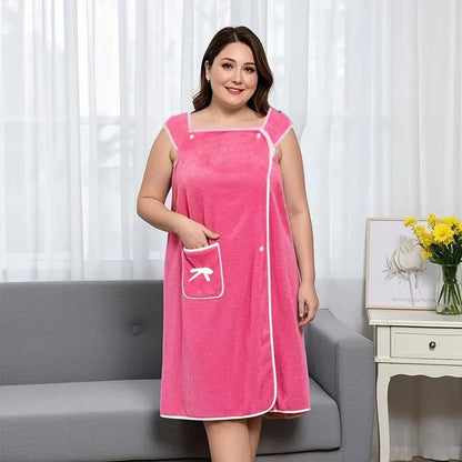 1Pc Women's Plus Size Wearable Bath Towel - Cute Bow Shower Skirt, Adjustable Bath Robe with Pocket. Soft Fabric for Home Use.
