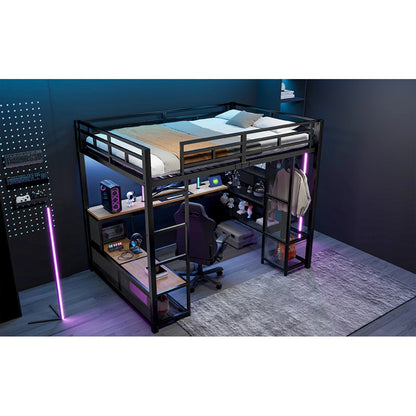 140x200cm Metal High Bed with Storage and Open Wardrobe, Kids Bedroom Bed with USB Connector and LED Lighting, Black/white