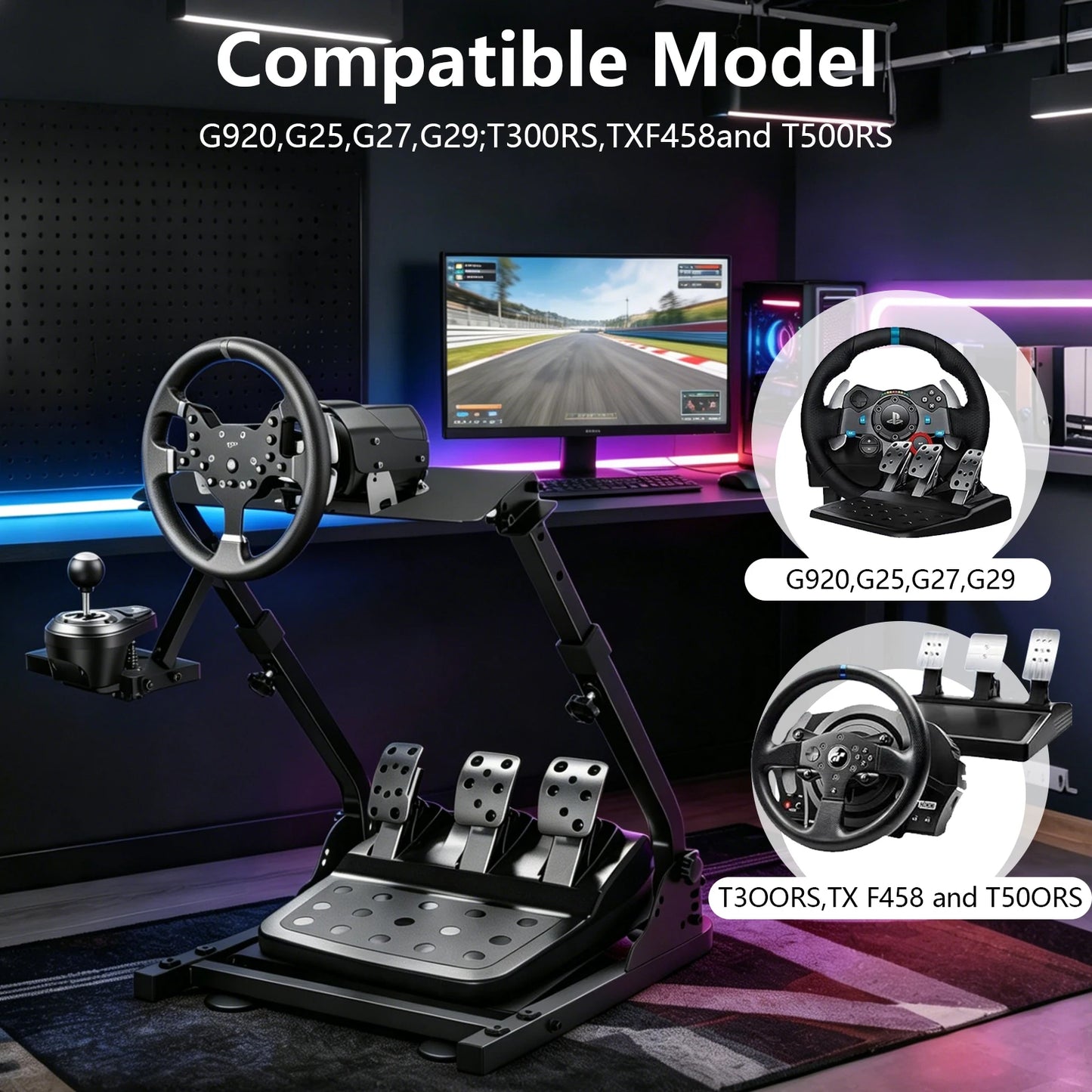 Universal Foldable Racing Steering Wheel Stand Adjustable Carbon Steel Simulator Cockpit Mount Compatible with Logitech G25 G27 G29 G920 T300 T500RS Gaming Wheel Support, Does Not Include Wheel Pedals Shifter