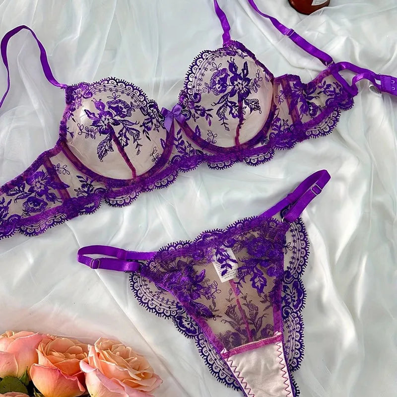 Conjunto Lencería Bordado Floral Transparente Aro Rejilla Copa Fina Sujetador Push Up Estilo Puro Deseo Ropa Interior Mujer S-XL