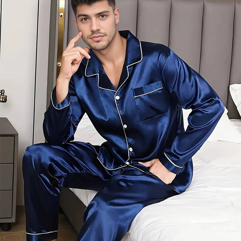 Herr Satinpyjamas – Långärmad Skjorta & Långa Byxor, Lyxig Sommar Loungewear, 4 Färger