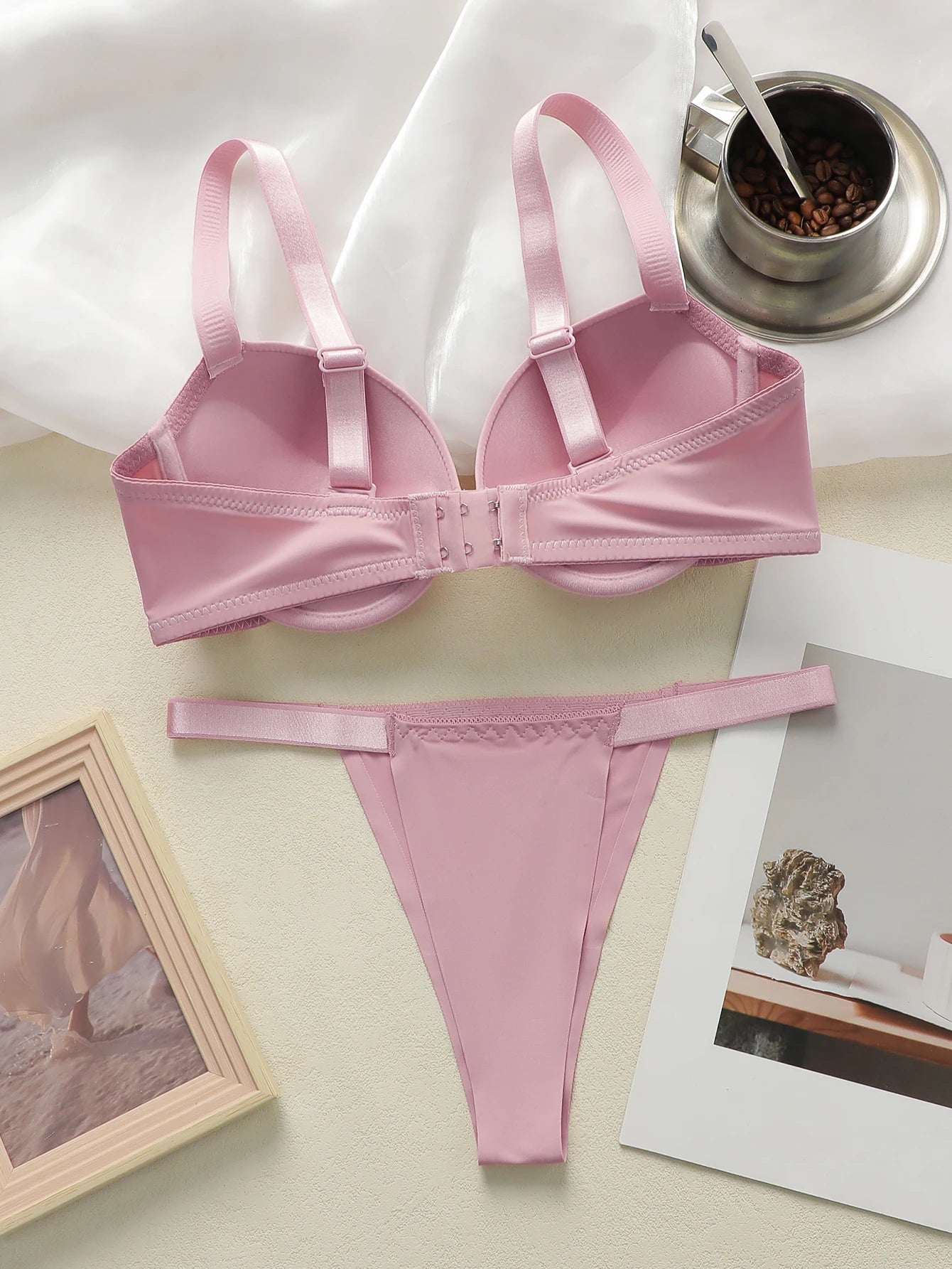 Dam Lingerie Set – Push-up Bygel BH & Trosor Bekväm Vardagsanvändning Små Bröst, Rosa S–L