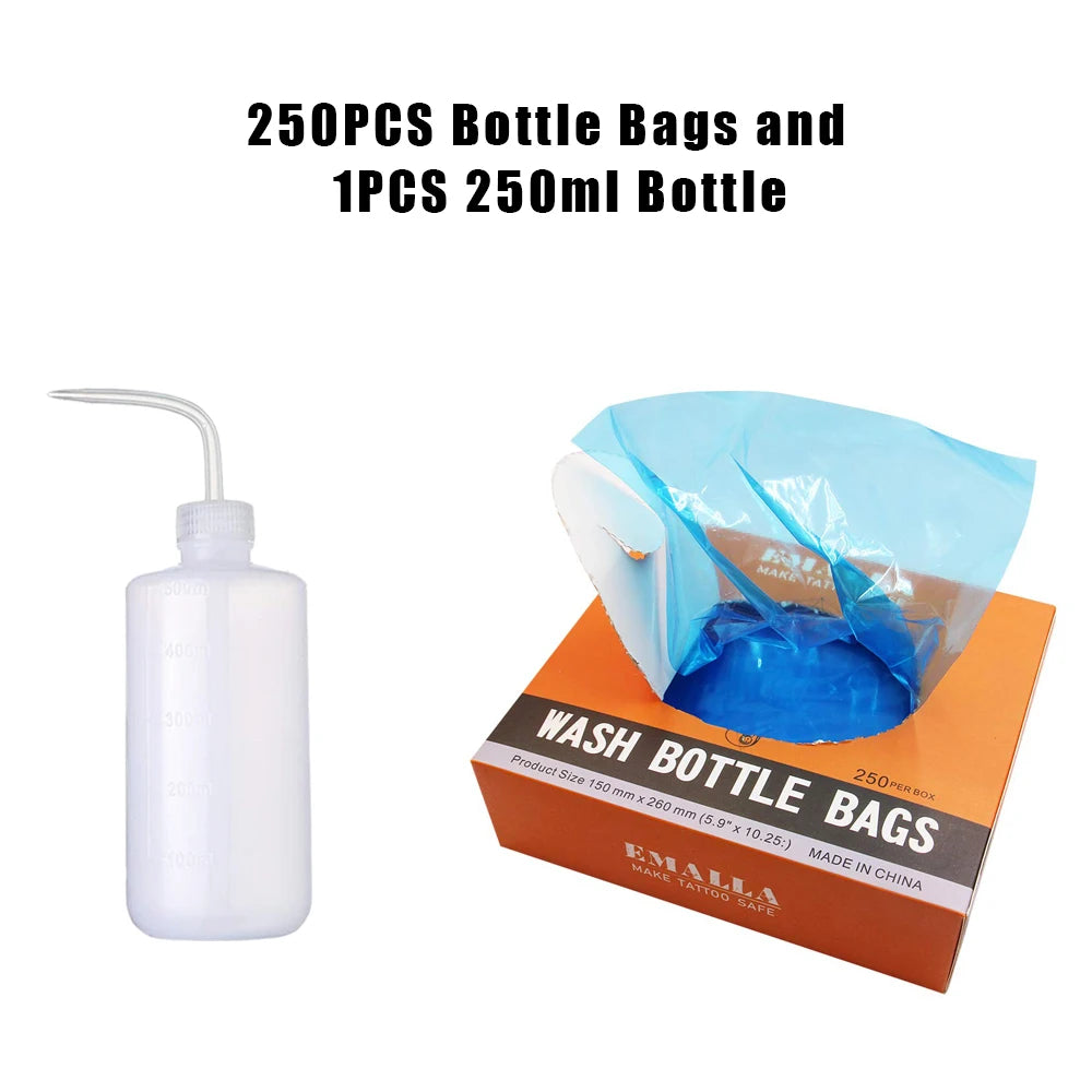 250pcs Tattoo Wash Bottle Bags and 250/500ml Tattoo Wash Bottle for Green Soap Bottle Cleaning Supply Tattoo Accessories