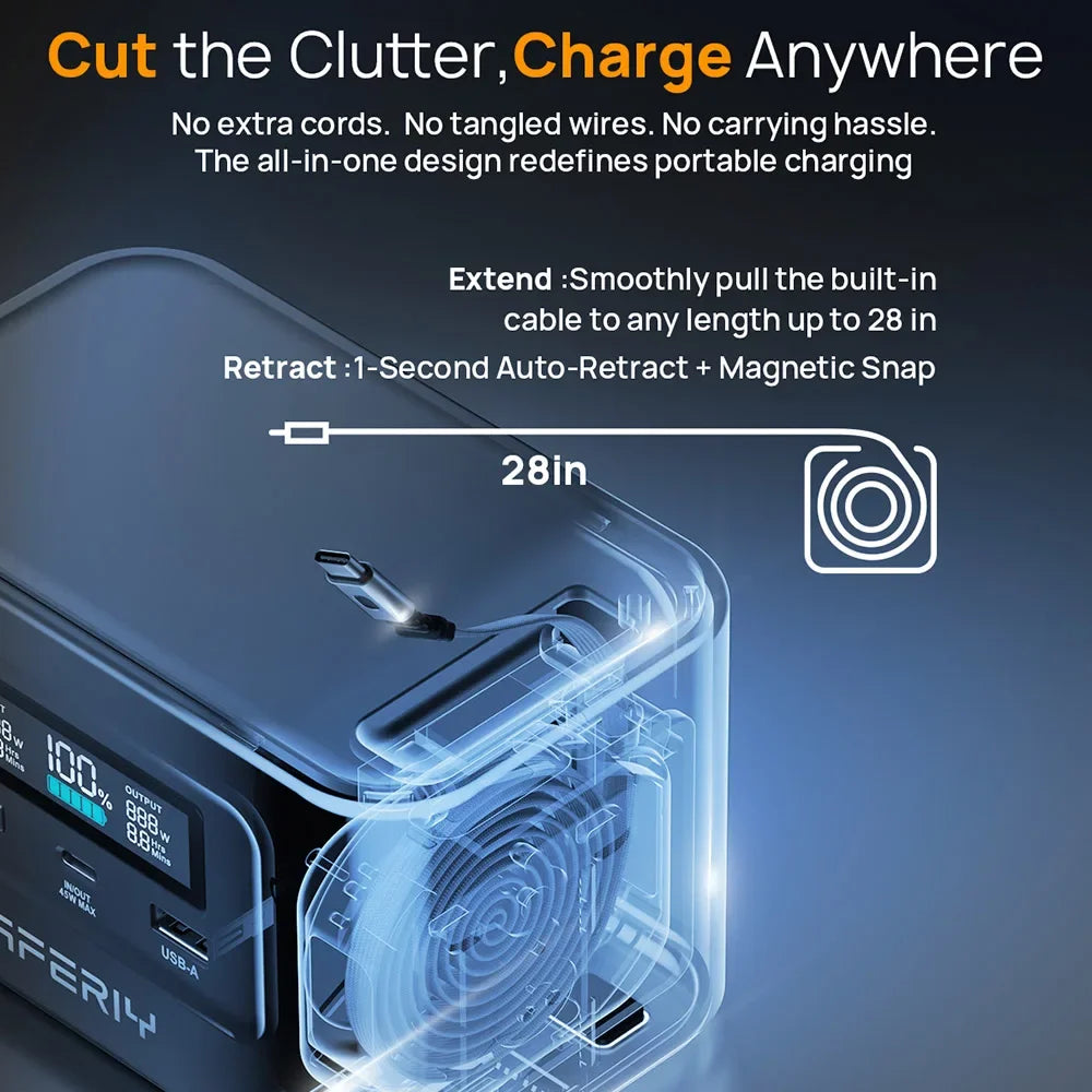AFERIY Nano100 100W Portable Power Station 99.2Wh,Telescopic Type-C Cable,1.5h Full Charge, 3000 + Cycles LiFePO4 Battery