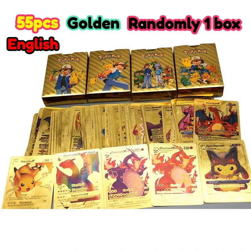 •55 pcs Pokemon Metal Gold Black Vmax GX Card Box Mewtwo Charizard Pikachu Rare Collection Battle Trainer Children Toys Gift