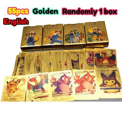 •55 pcs Pokemon Metal Gold Black Vmax GX Card Box Mewtwo Charizard Pikachu Rare Collection Battle Trainer Children Toys Gift