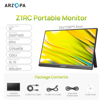 ARZOPA 16 inch 2K IPS Screen Mini Second Gaming Display Portable Monitor External Screen for MAC/Laptop/PC/Xbox/PS/Switch Z1RC