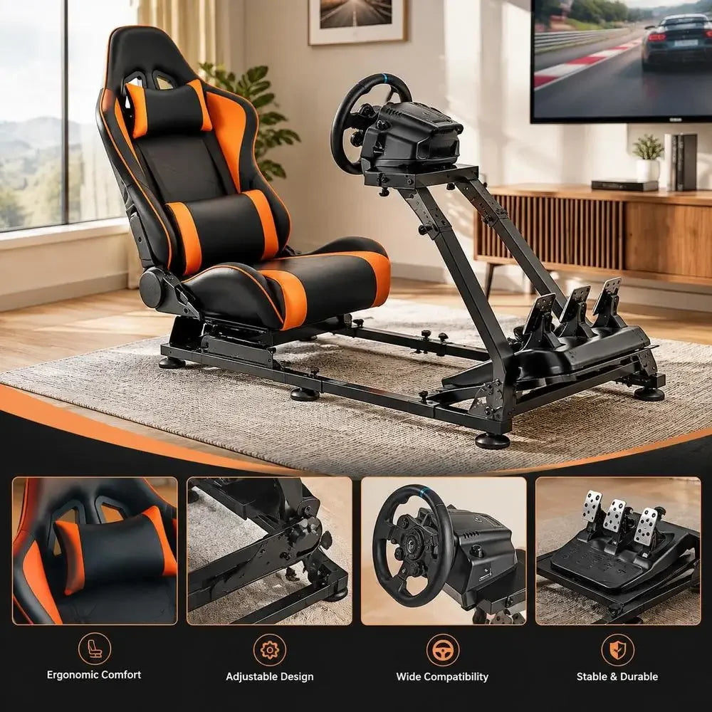 Racing Simulator Cockpit 1420 X 615 X 1030 Mm, Matte Black Carbon Steel Frame, PVC Seat, Foldable Dual Arm for Gaming