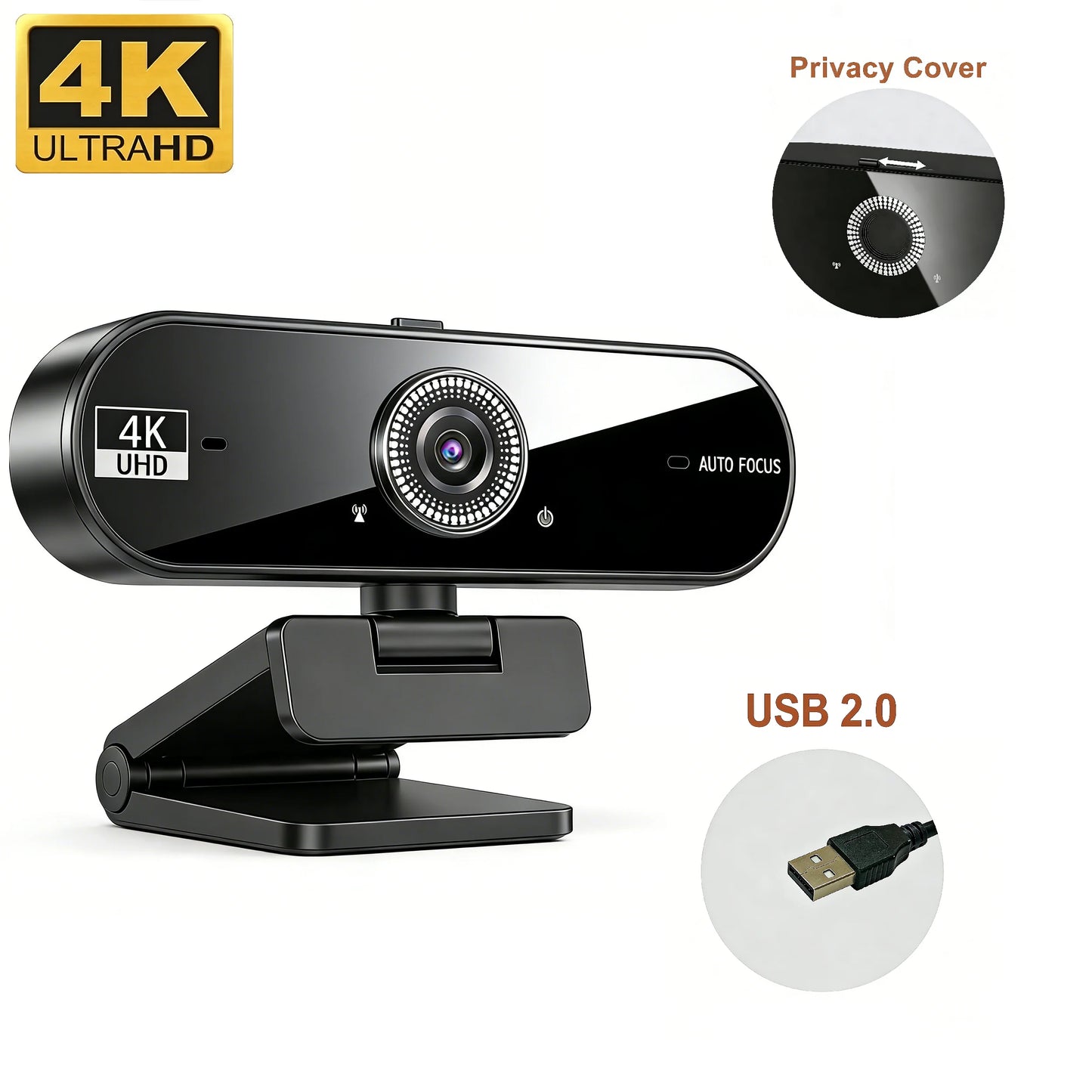 4K Webcam for PC 30fps Autofocus Web Camera With Noise Reducing Microphone Privacy Cover Auto Exposure USB 2.0 Type-C Adapter