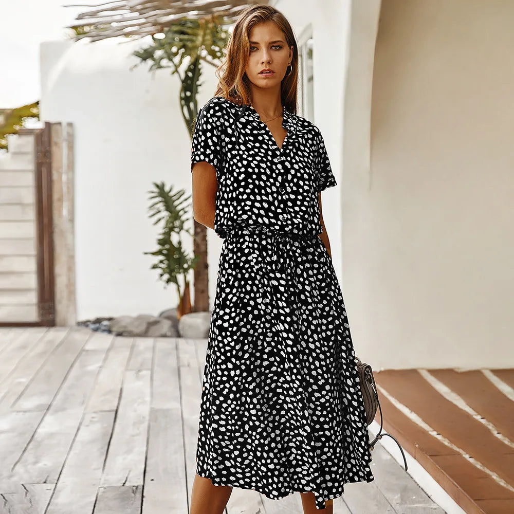 Vintage Blommig Boho Skjortklänning – Kortärmad, Lång, Nedvikt Krage, Skärp, 6 Färger, S–XL