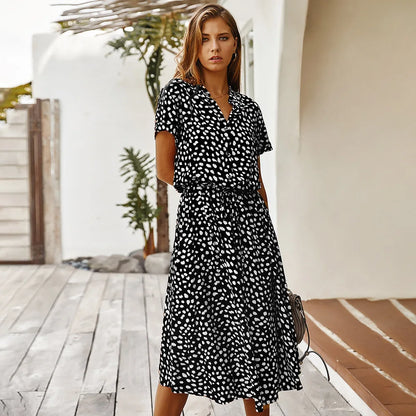 Vintage Blommig Boho Skjortklänning – Kortärmad, Lång, Nedvikt Krage, Skärp, 6 Färger, S–XL