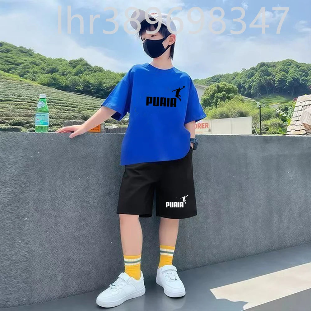 Summer Kids Print 2pcs Breathable Tees+Shorts Leisure Suits 3-12 Years Boys Girls Outfits Children Cool Black White Clothes