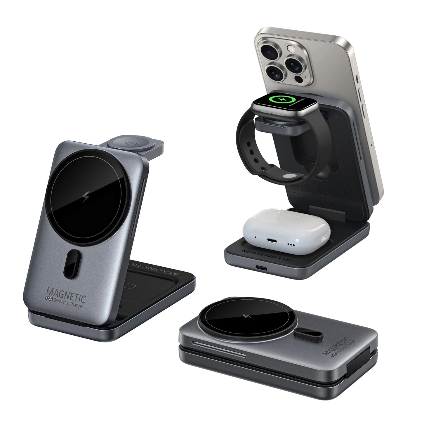 3-in-1 Foldable Magnetic Wireless Charger Station for iPhone 17/16/15/14/13/12 Apple Watch AirPods Wireless Charging Stand