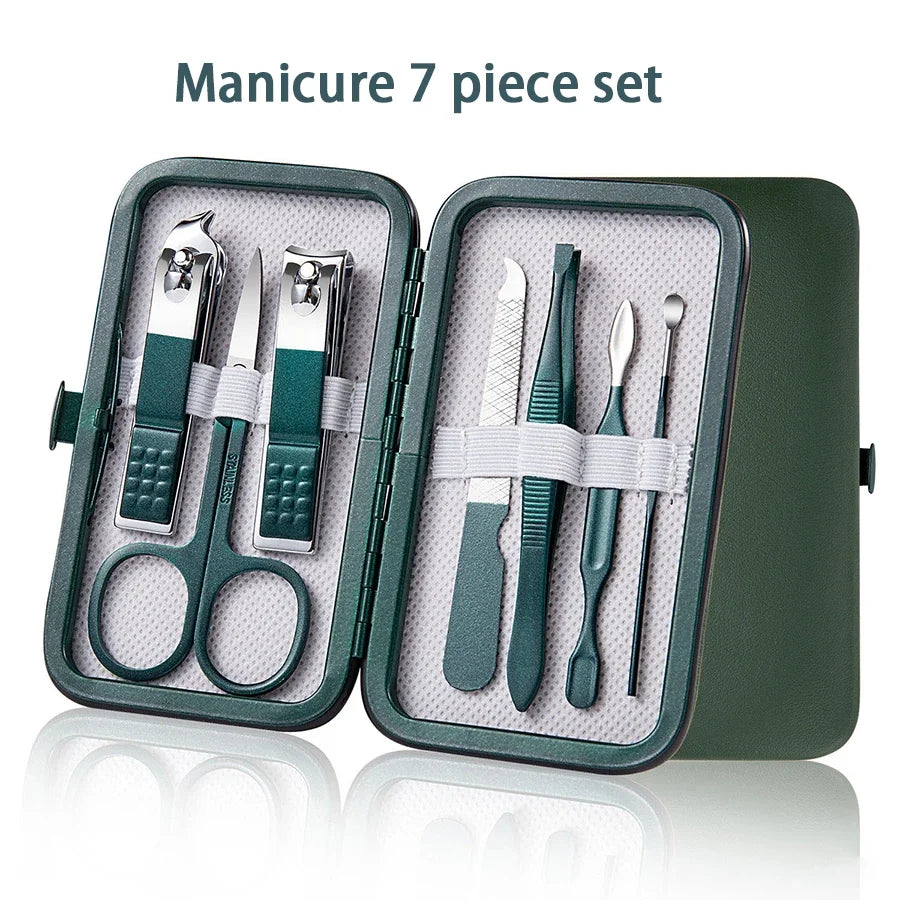 GreenStainlessSteel Nail Clippers Set-6-18 Nail Care Sets with Leather Storage Box-Professional Foot and Face Care Tool Set