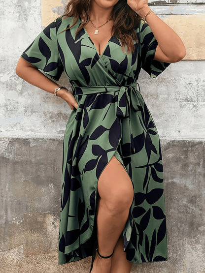 plus Size Floral Print Maxi Dress Casual Vacation Outfit with Belt Leaf Pattern Fashionable plus Size Dress